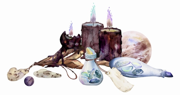 Illustration à l'aquarelle dessinée à la main objets d'autel de sorcière de mer Bougies brûlantes bois flottant pierres précieuses cristaux flacons de verre pierre de vipère Composition isolée sur fond blanc Design magie d'imprimerie
