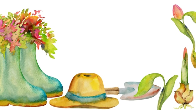 Illustration à L'aquarelle Dessinée à La Main Outils De Jardinage De Printemps Chaussures En Caoutchouc Avec Fleurs Chapeau De Paille Brousse De Bulbe Cadre Horizontal Isolé Sur Fond Blanc Design Imprimerie Emballage De Scrapbooking