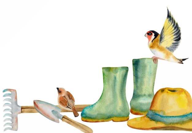 Vecteur illustration à l'aquarelle dessinée à la main outils de jardinage de printemps pelle râteau bottes en caoutchouc chapeau de paille oiseaux goldfinch moineau cadre horizontal isolé sur fond blanc design imprimerie scrapbooking