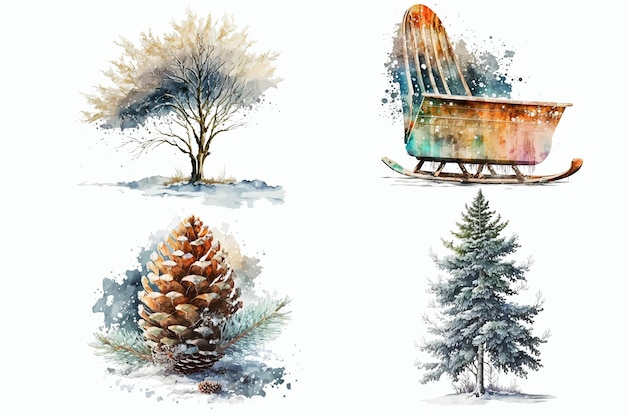 Illustration à L'aquarelle Ensemble D'éléments De Neige Et D'hiver D'arbres Illustration Dessinée à La Main Isolée Sur Fond Blanc Dans Un Style Bohème