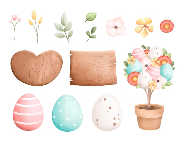 Illustration Aquarelle Ensemble D'éléments D'oeufs De Pâques Et De Printemps