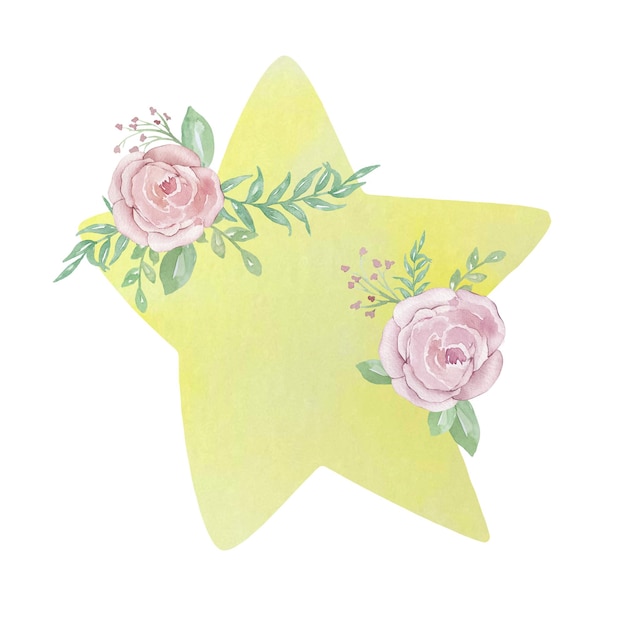 Illustration aquarelle d'une étoile mignonne jaune avec des fleurs roses roses et de la verdure