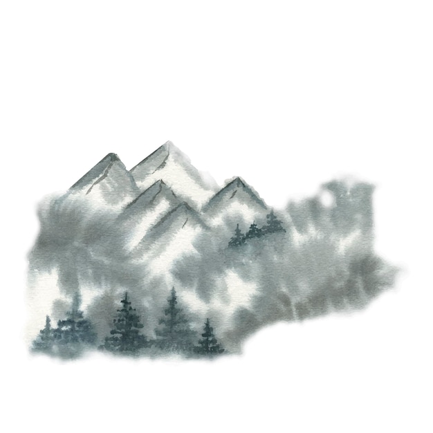 Illustration aquarelle de forêt brumeuse et de montagnes
