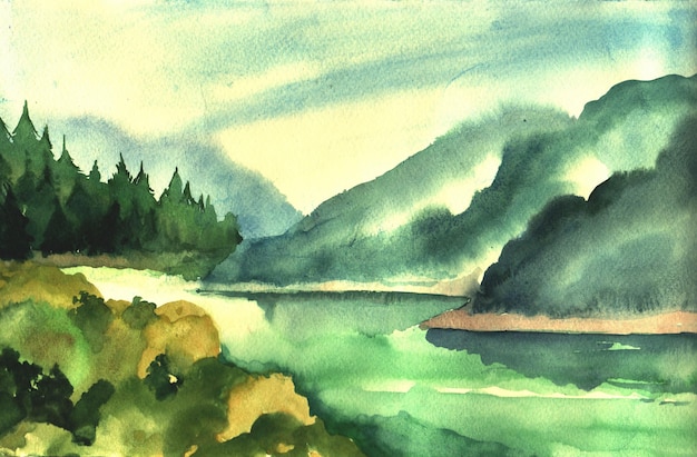 Vecteur illustration aquarelle avec forêt et montagne