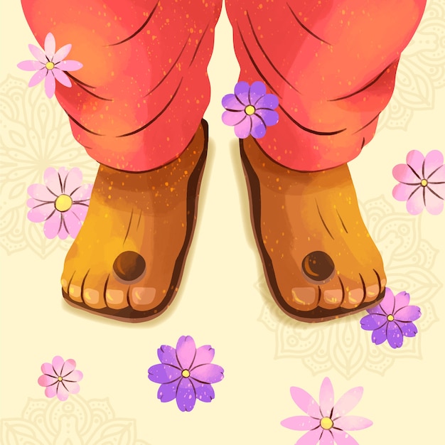 Vecteur illustration aquarelle gourou purnima avec pieds et fleurs