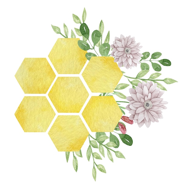 Illustration Aquarelle De Grands Peignes D'abeilles Colorés Avec Des Fleurs Et Des Feuilles