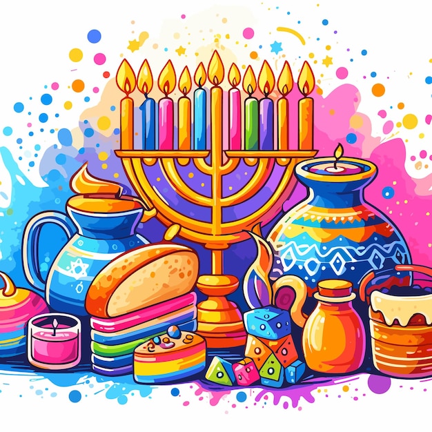 Illustration à L'aquarelle De Hanoukka Avec Une Menorah Et Un Gâteau Colorés