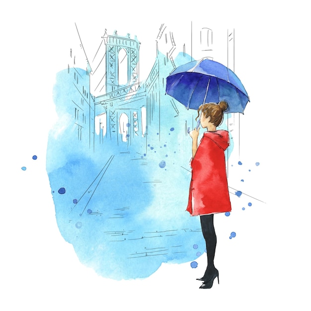 Vecteur illustration à l'aquarelle d'une jeune fille avec un parapluie avec un paysage urbain sur un fond