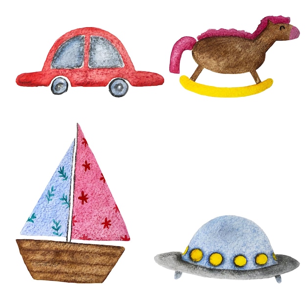 Illustration aquarelle de jouets pour enfants vaisseau spatial bateau de voiture de cheval