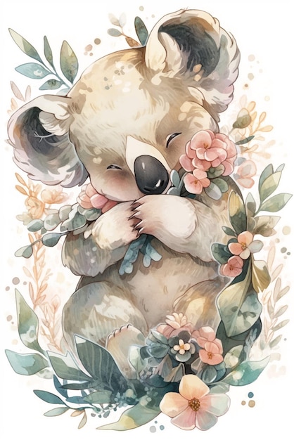 Une Illustration à L'aquarelle D'un Koala Avec Des Fleurs.