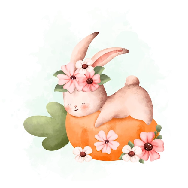 Vecteur illustration aquarelle lapin endormi et carotte dans le jardin