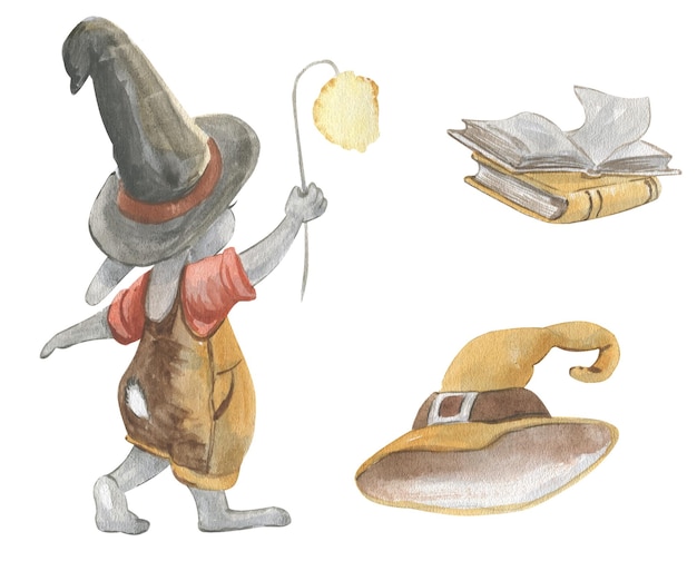 Illustration aquarelle d'un lapin en vêtements avec un chapeau tenant une lanterne