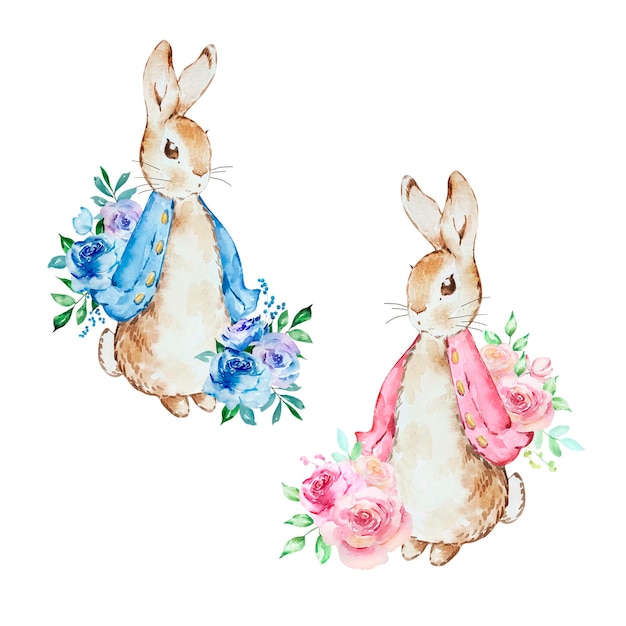 Vecteur illustration aquarelle de lapins avec des bouquets de fleurs