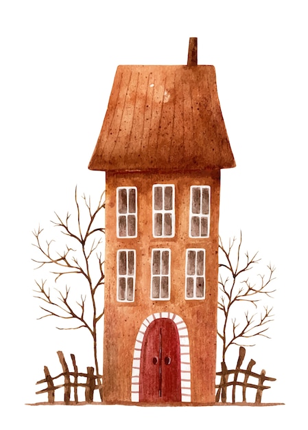 Illustration Aquarelle D'une Maison Brune Stylisée Avec Des Arbres Sans Feuilles Et Une Clôture