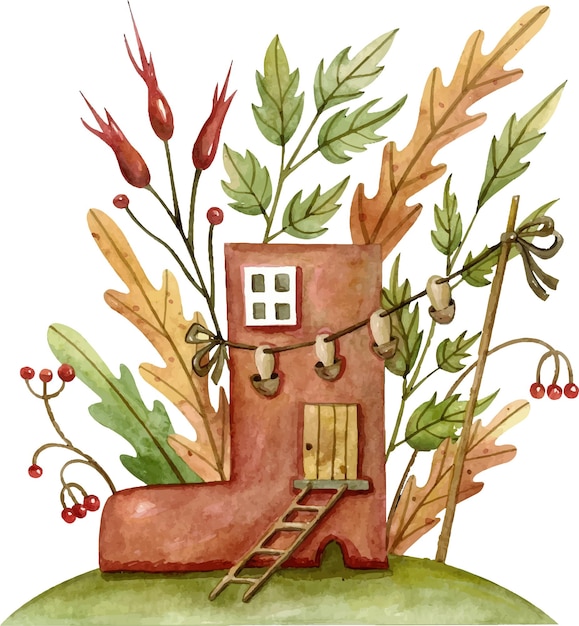 Vecteur illustration aquarelle avec une maison en forme de botteillustration d'automne avec maison et congé