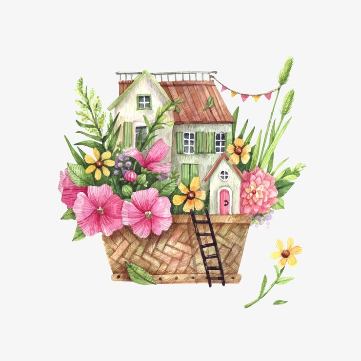 Illustration à l'aquarelle d'une maison rustique en fleurs roses