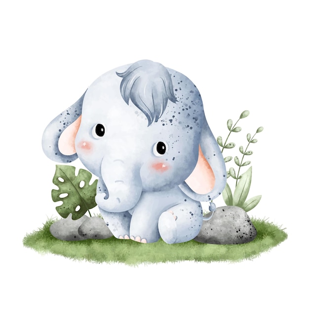 Illustration aquarelle d'un mignon bébé éléphant assis sur l'herbe