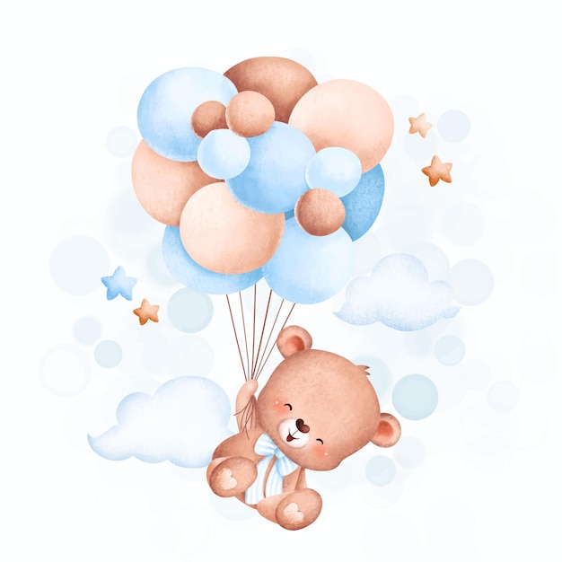 Illustration aquarelle mignon bébé ours volant avec des ballons