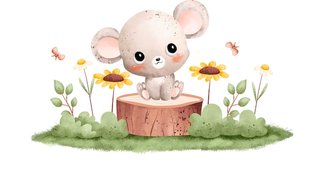 Illustration Aquarelle Mignon Bébé Souris Est Assis Sur Une Bûche Avec Des Papillons Et Des Fleurs