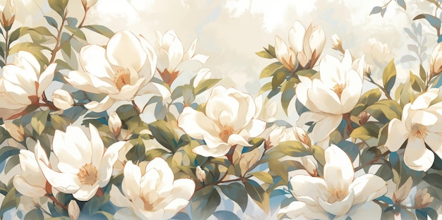 Illustration à L'aquarelle Avec Un Motif De Magnolia Vintage Sur Fond Blanc