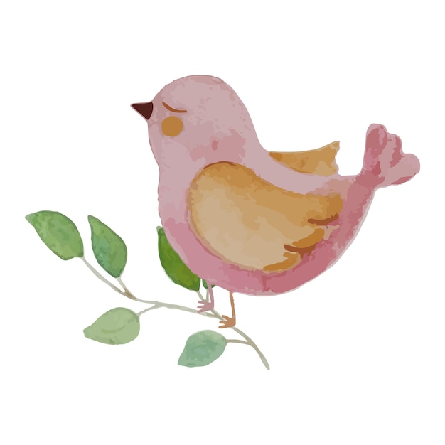 Vecteur illustration aquarelle avec oiseau rose assis sur une branche d'arbre