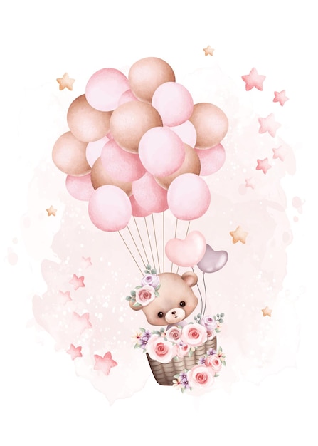 Illustration Aquarelle Ours En Peluche Et Ballons Avec étoiles