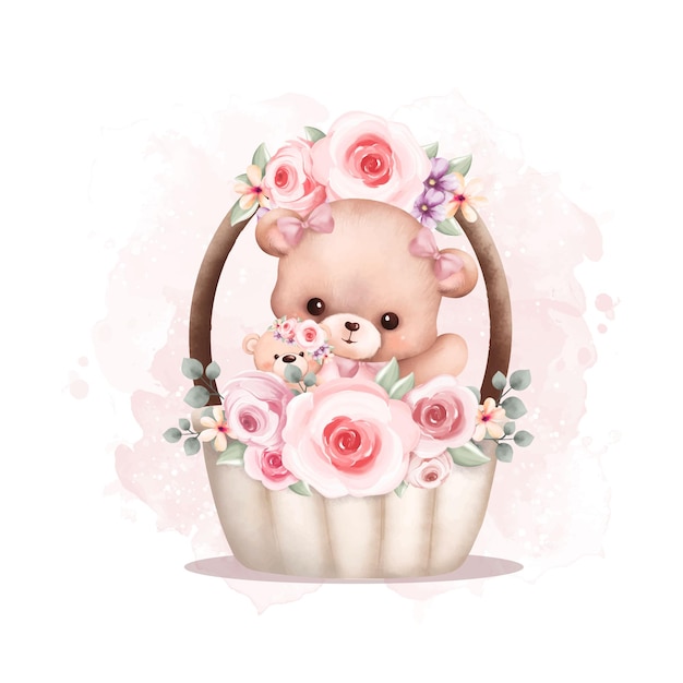 Illustration aquarelle ours en peluche mignon dans un panier avec couronne de fleurs