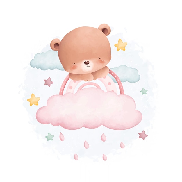 Vecteur illustration aquarelle ours en peluche mignon sur nuage avec arc-en-ciel et étoiles