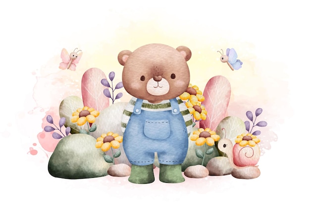 Illustration à L'aquarelle Ours En Peluche De Printemps Dans Le Jardin