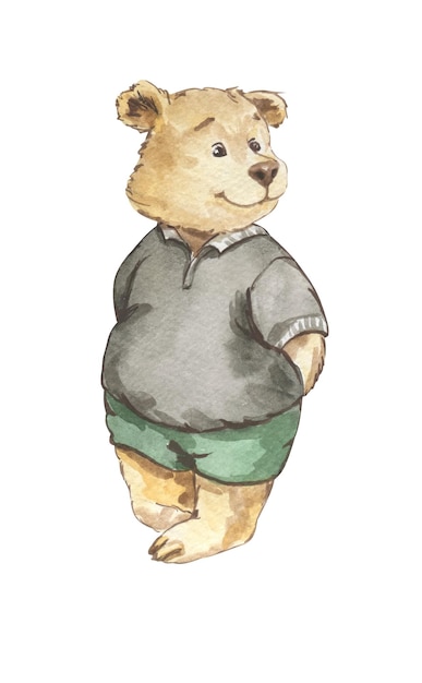 Une illustration à l'aquarelle d'un ours portant un pull et un short.