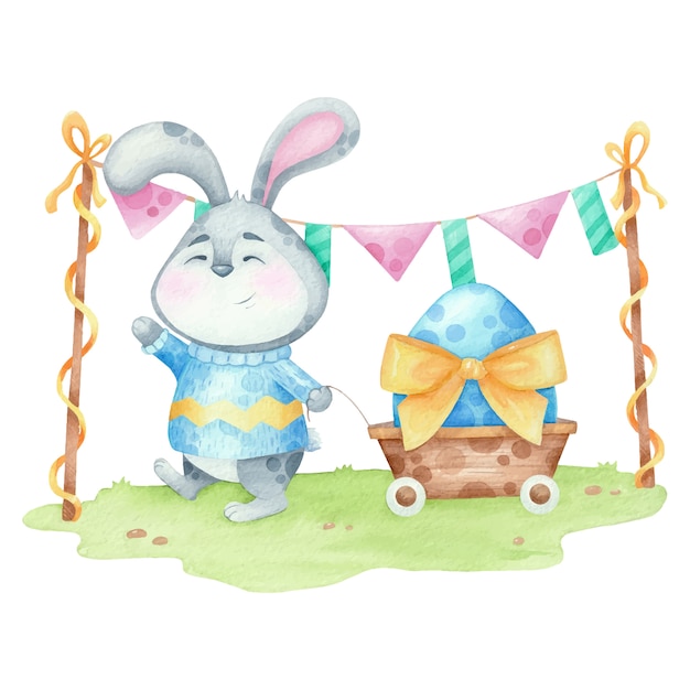 Illustration aquarelle à Pâques avec mignon lapin et œuf avec badinage