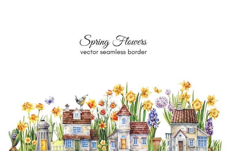 Illustration à l'aquarelle d'une petite ville avec un jardin et des fleurs