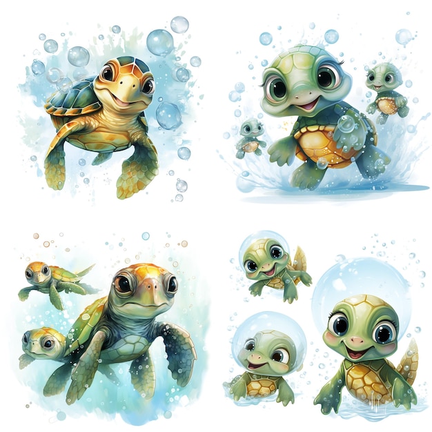Illustration à l'aquarelle de petites tortues marines adorables