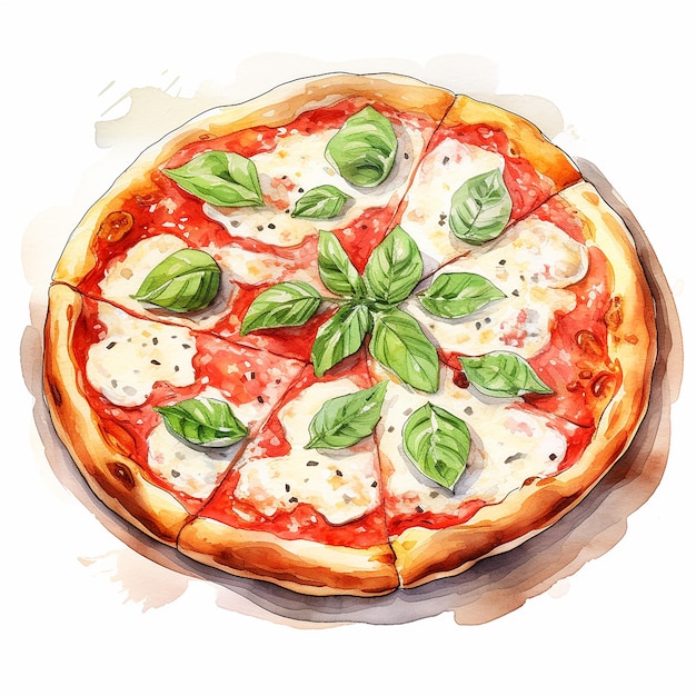 Illustration aquarelle pizza Margherita vecteur avec fond blanc