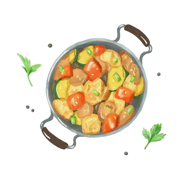 Illustration Aquarelle De Ragoût De Poulet Et De Courgettes Dans Une Grande Poêle à Frire