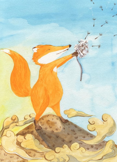 Vecteur illustration à l'aquarelle d'un renard au sommet d'une montagne avec un pissenlit