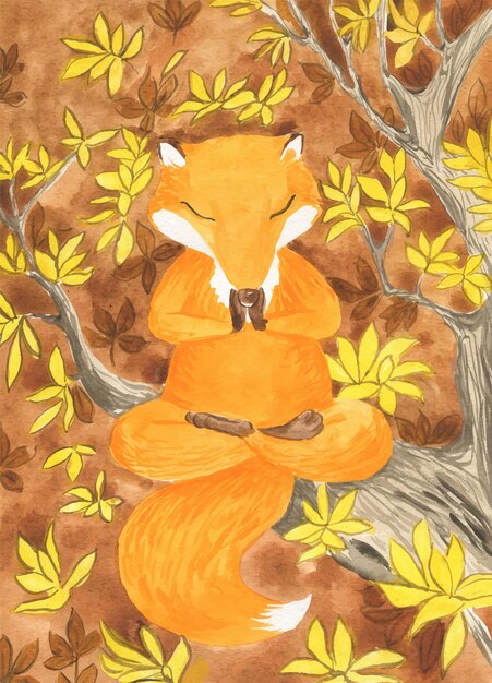 Vecteur illustration aquarelle d'un renard sur une branche d'arbre en méditation