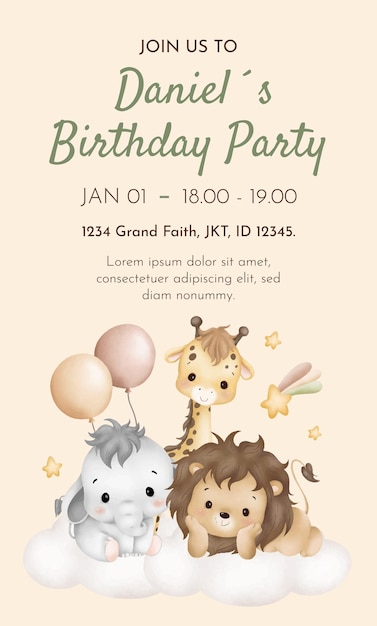 Illustration à l'aquarelle Safari Animal Design de modèle de carte de fête d'anniversaire