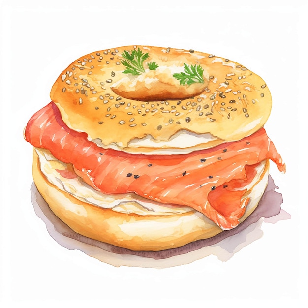 Illustration aquarelle sandwich bagel au saumon fumé sur fond blanc