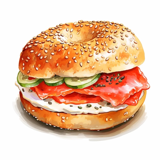Illustration aquarelle sandwich bagel au saumon fumé sur fond blanc