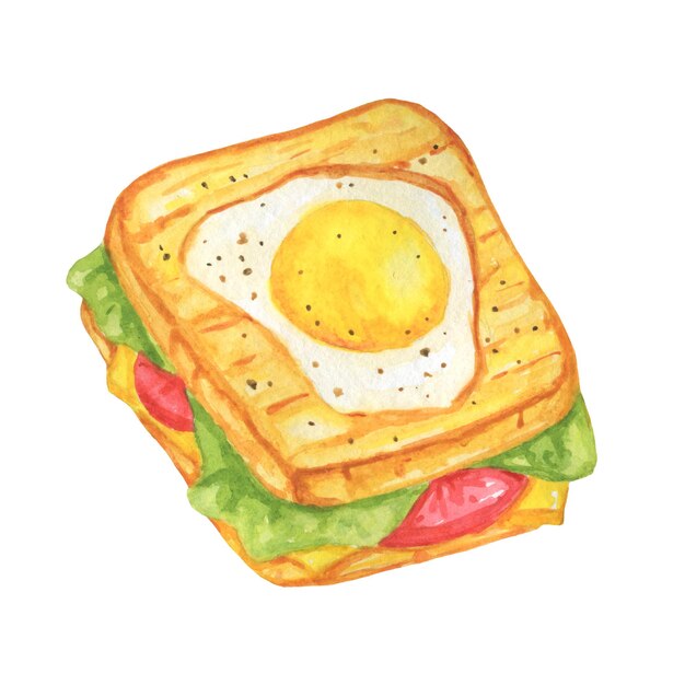 Illustration d'aquarelle de sandwich Sandwich avec le fromage et la tomate de salade verte d'oeuf