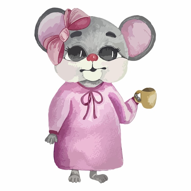 Vecteur illustration à l'aquarelle d'une souris vêtue d'une robe rose avec une tasse