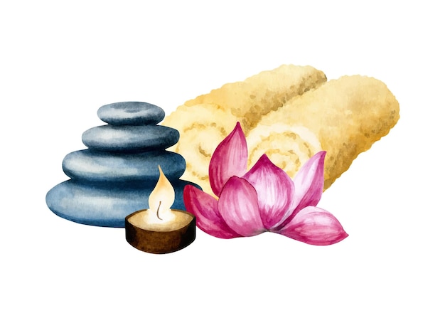Vecteur illustration d'aquarelle spa de serviettes pierres fleur de lotus et une bougie brûlante isolée