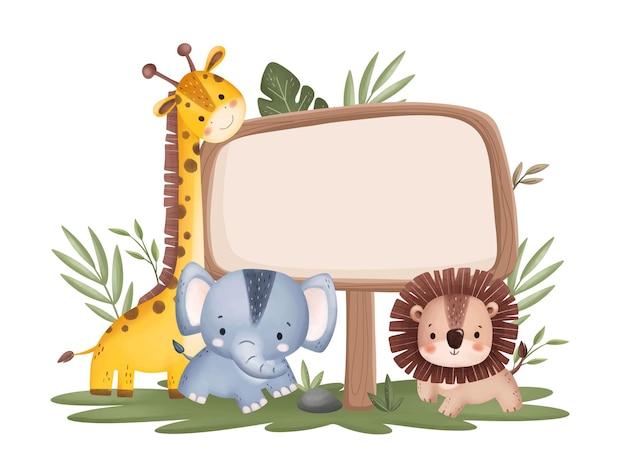 Vecteur illustration à l'aquarelle table en bois avec de mignons animaux de safari et des feuilles tropicales