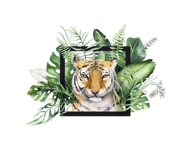 Illustration d'aquarelle de tigre et de paradis d'été imprimé de feuilles tropicales Plante de palmier et fleur isolée o blanc