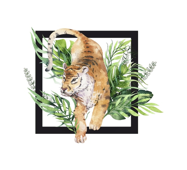 Illustration D'aquarelle De Tigre Et De Paradis D'été Imprimé De Feuilles Tropicales Plante De Palmier Et Fleur Isolée O Blanc