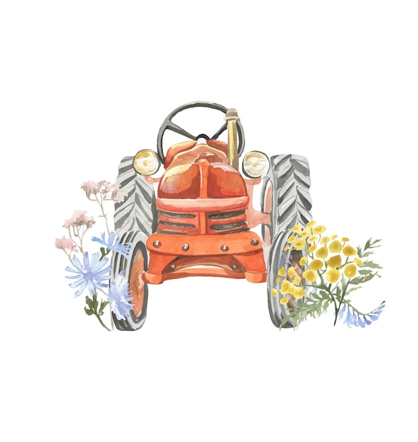 Illustration à l'aquarelle d'un tracteur rouge encadré de fleurs sauvages