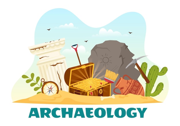 Illustration d'archéologie avec fouilles archéologiques d'artefacts anciens et de fossiles de dinosaures