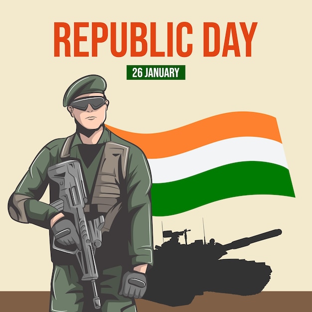 Illustration De L'armée Indienne Avec Réservoir De Drapeau Et Jet Pour Happy Republic Day Of India