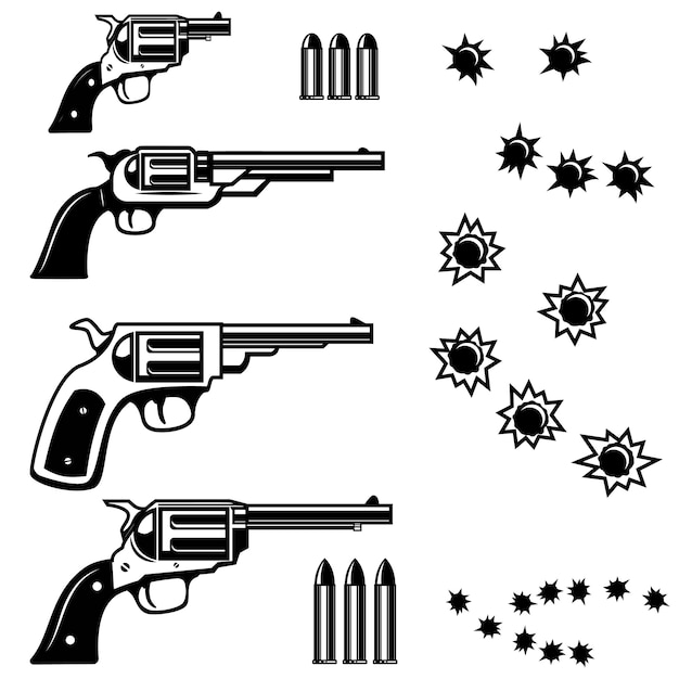 Illustration des armes de poing sur fond blanc. Trous de balle. des illustrations